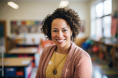 Portrait of a smiling female teacher in classroom