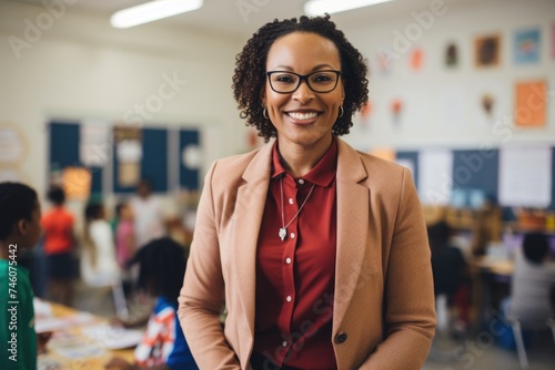 Portrait of a smiling female teacher in classroom photo