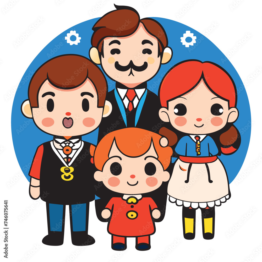 bavarian family four people father, mother, son and daughter, vector illustration kawaii