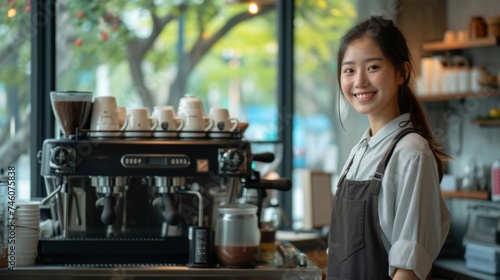 A woman standing in front of a coffee machine  preparing a hot beverage