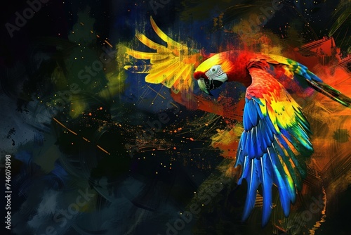 Amidst darkness, a colorful parrot speaks digital truths, a beacon of insight