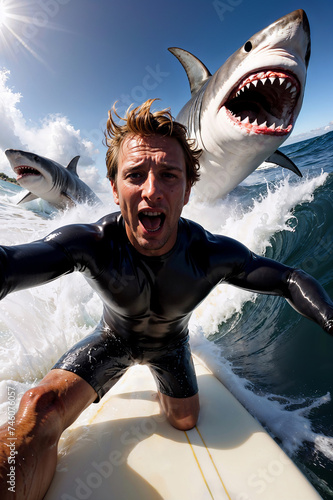 A Daring Selfie: Man Captures Moment of Surfing Amidst Shark Attack.