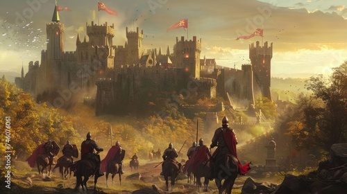 Ancient ruins whispering prophecies, knights in shining armor, castles standing tall against the orc hordes photo
