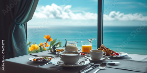 Luxury tourist resort breakfast in hotel room
