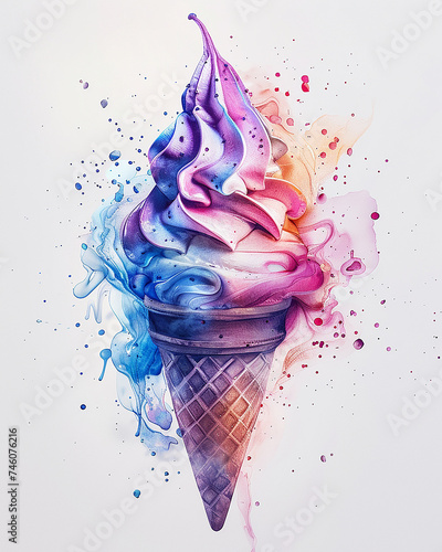 cono gelato dai colori arcobaleno in stile acquerello, sfondo bianco scontornabile photo