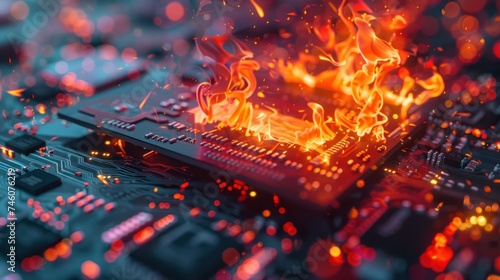 Digital wallet ablaze in close-up  fiery pixels clash with colorful  dark backdrop