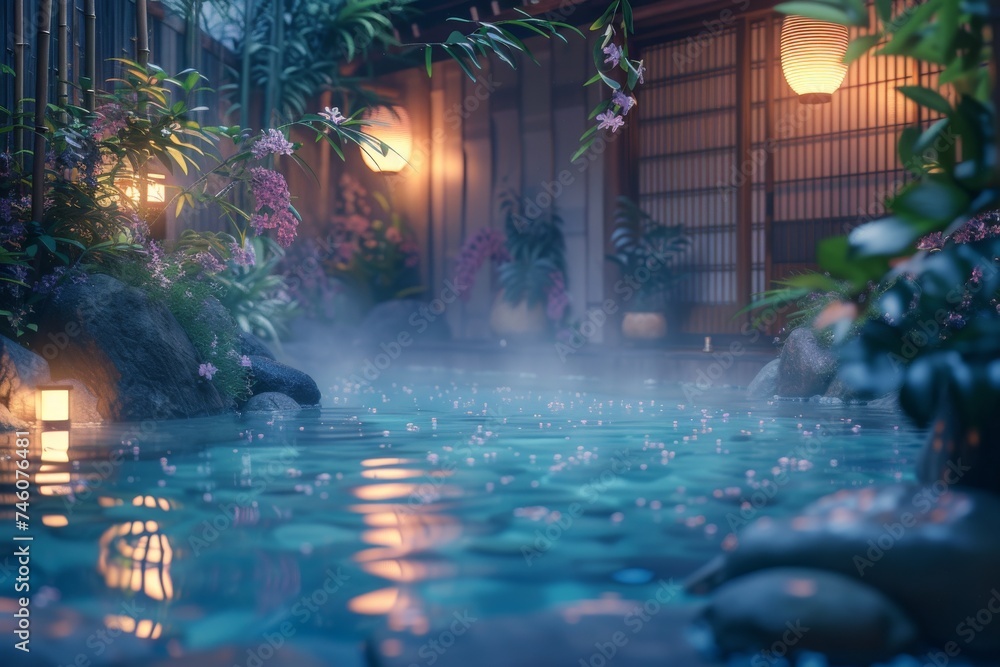 Tranquil Evening at a Japanese Onsen with Soft Lighting and Blooming Flowers