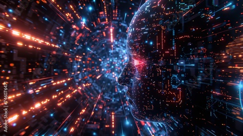 Futuristic AI brain interface, quantum circuits glowing, blockchain data streams, in immersive AR and VR environments photo