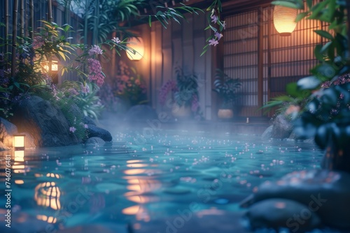 Tranquil Evening at a Japanese Onsen with Soft Lighting and Blooming Flowers