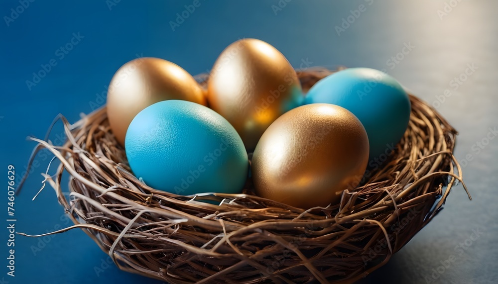 Golden Blue Eggs in Brown Nest and Blue Background
