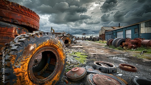 Dramatic clouds over an abandoned industrial site strewn with rusty machinery parts and giant tires.