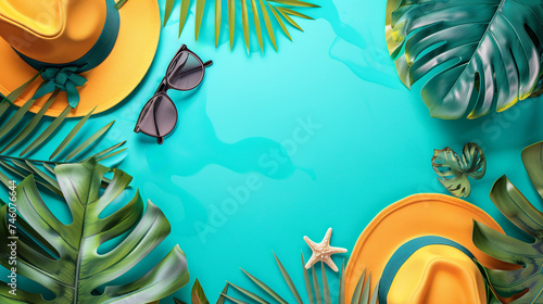 modern and stylish banner for filling with text on a marine theme, palm leaves and tropical plants, hat, glasses, sea card for promotions and sales