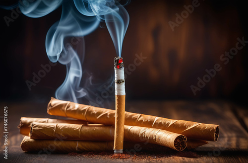 Close up of a smoking cigarettes . cigarette filter tubes. Fast smoldering cigarette