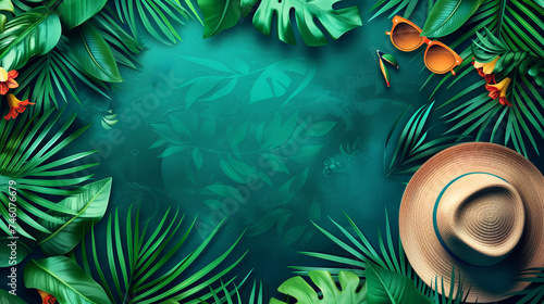 modern and stylish banner for filling with text on a marine theme, palm leaves and tropical plants, hat, glasses, sea card for promotions and sales