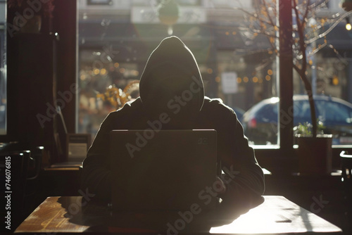 Hacker on a laptop in a public cafe