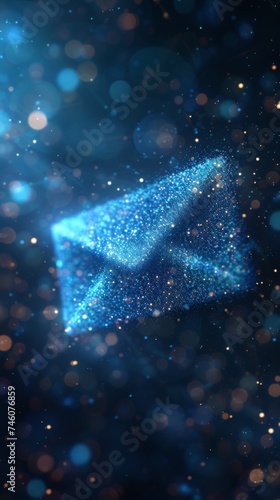 A vertical image of sparkling blue particles shaping an arrow, representing digital motion, growth, or futuristic concepts