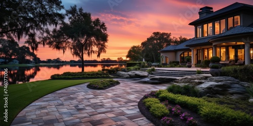 luxury real estate on the lake against the background of the evening sky. AI generated.
