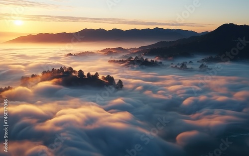 A birds eye view of fog enveloping a rugged mountain range