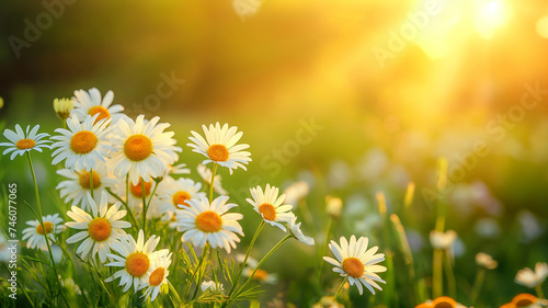 Spring Meadow With Chamomile Flowers. Fog And Sunrise Lights. Spring Concept. Landscapes background