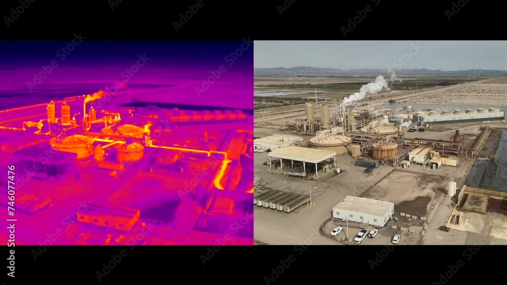 Side by side thermal and visible images of renewable power using thermal drone