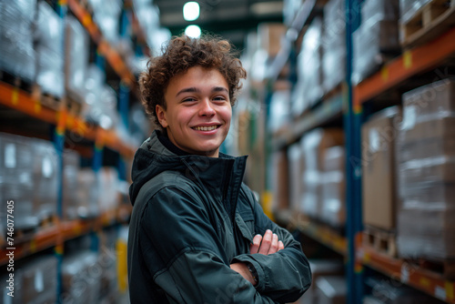 Smiling young trainee standing with arms crossed in warehouse at factory.
