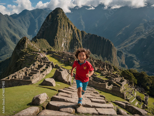 inca children smilling and running in Machu Picchu view general shot.
