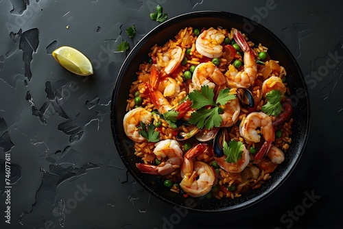 Top View of Peruvian Arroz con Mariscos on a Black Background. Concept Food Photography, Peruvian Cuisine, Top View, Arroz con Mariscos, Black Background photo