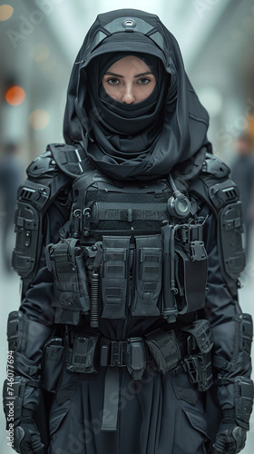 Muslim female special forces, army or police force young woman wearing hijab and battle equipment. 