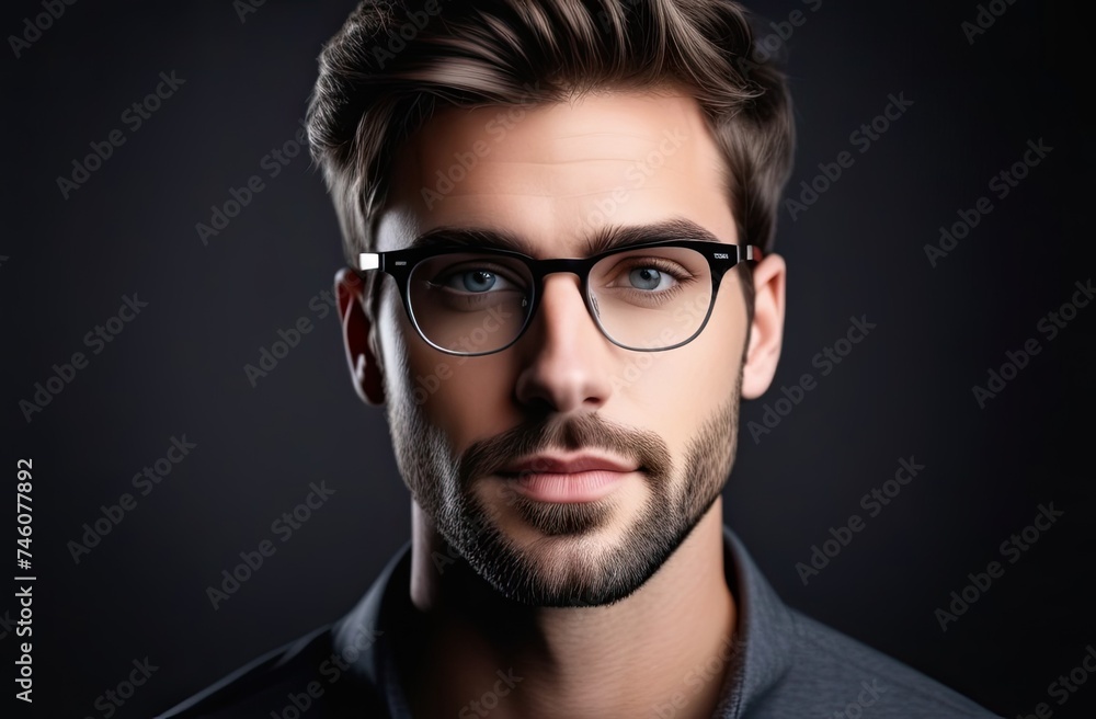 Obraz premium Face of a young man looking forward, strict gray clothes, gray background