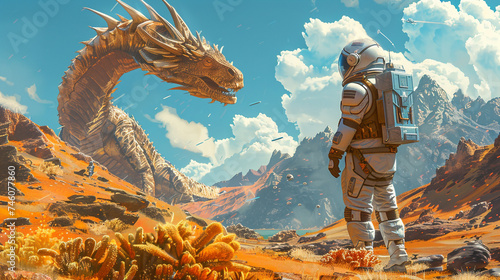 A lone astronaut equipped with advanced gear discovers a hidden valley where futuristic dragons soar blending technology with organic forms
