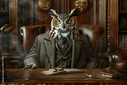 A portrait of a wise owl in sophisticated CEO attire perched atop a leather chair in a rich wood paneled executive office