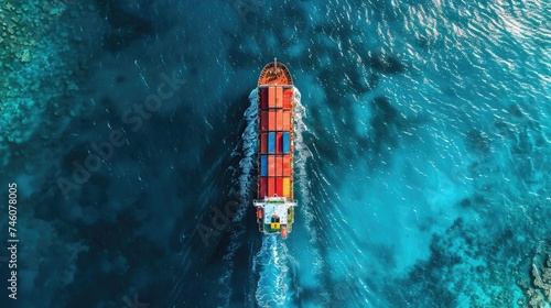 Drone view of a cargo ship navigating through crystal blue waters container patterns visible from above