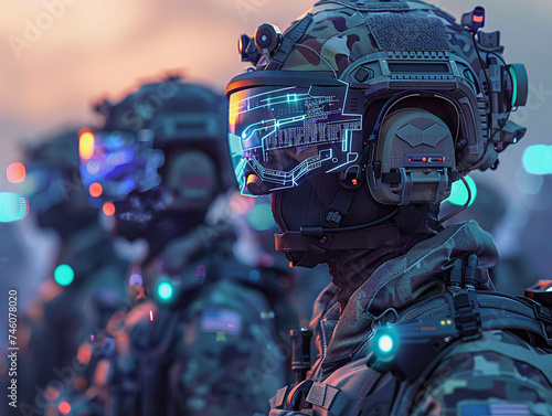 Futuristic soldiers equipped with HUD goggles and advanced helmets seamlessly communicating with commanders and accessing real time intelligence on the battlefield