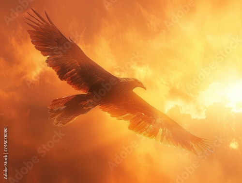 Majestic phoenix in mid flight golden hues against a sunset sky a spectacle of grace and power