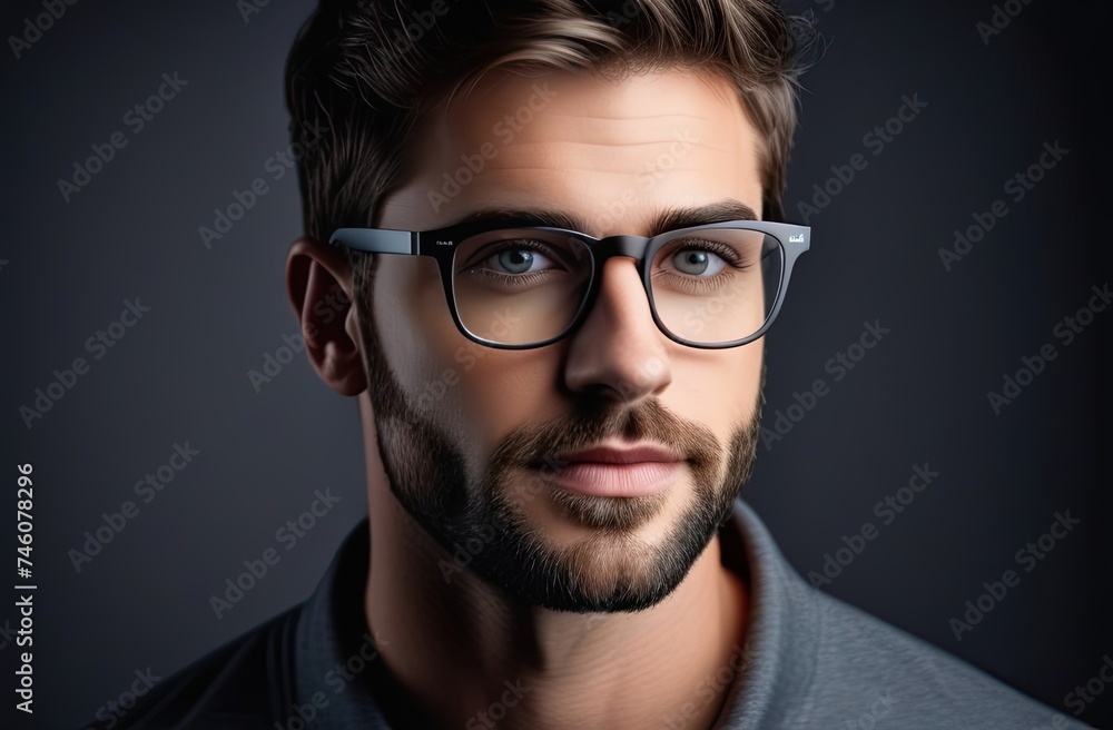 Obraz premium Nice young man in glasses and grey shirt on dark grey background