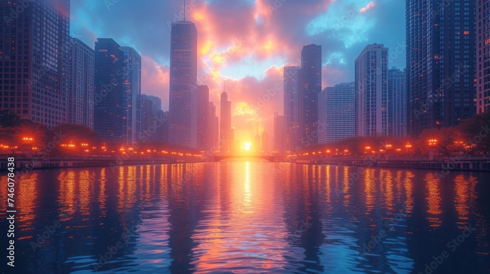 Fototapeta premium a large body of water in front of a large city with tall buildings on either side of it and a sunset in the middle of the middle of the water.