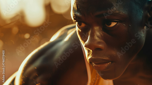 Black african-american sprinter in action with blurry background. Close-up, front view. Athlete competing in the olympic games