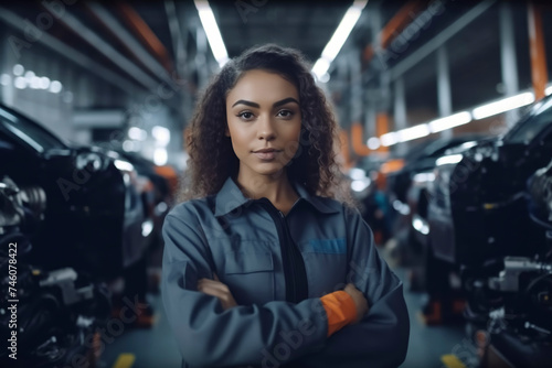 Confident Female Mechanic at Automotive Factory © spyrakot