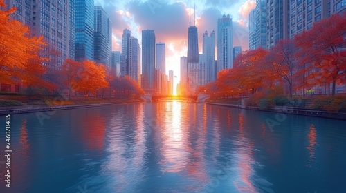  a body of water surrounded by tall buildings and trees with orange leaves on the trees and in the foreground is a body of water with a body of water in the foreground.