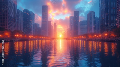  a large body of water in front of a large city with tall buildings on either side of it and a sunset in the middle of the middle of the water.