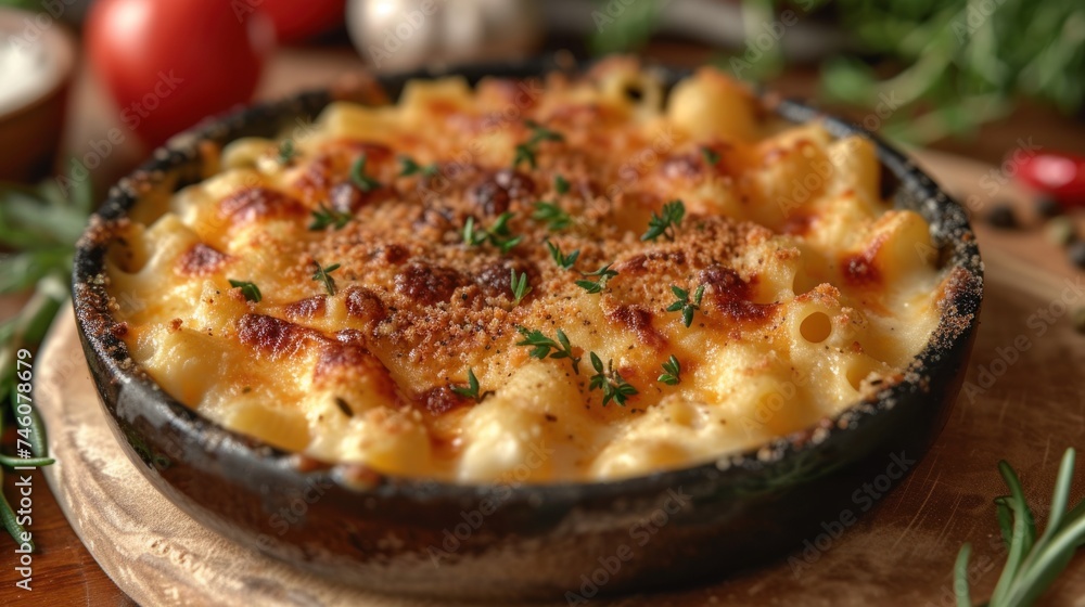 a dish of macaroni and cheese with parmesan sprinkles in a black bowl on a wooden platter with fresh herbs and tomatoes in the background. a dish of macaroni and cheese with parmesan sprinkles in a black bowl on a wooden platter with fresh herbs and tomatoes in the background.