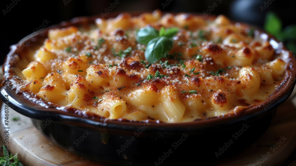 a dish of macaroni and cheese with parmesan sprinkles in a black dish on a wooden platter with a green leafy garnish. a dish of macaroni and cheese with parmesan sprinkles in a black dish on a wooden platter with a green leafy garnish.