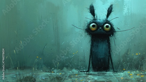  a painting of a black creature with big eyes and a creepy look on its face, standing in the middle of a swampy area with grass and yellow flowers in the foreground.