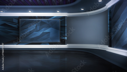 TV show, virtual studio background. Ideal also for online broadcast, live streaming or events. Modern 3D rendering backdrop suitable on VR tracking system stage sets, with green screen