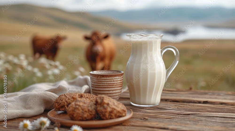 a pitcher of milk sitting on top of a wooden table next to a plate of cookies and a glass of milk on top of a wooden table with cows in the background. a pitcher of milk sitting on top of a wooden table next to a plate of cookies and a glass of milk on top of a wooden table with cows in the background.