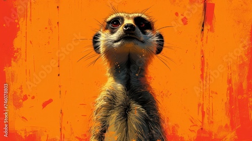  a close up of a meerkat on an orange background with a grungy look on it's face and a blurry look on its face.