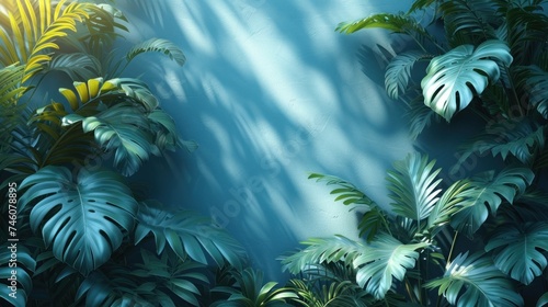  a painting of a tropical scene with palm trees and sun shining through the shadows of the leaves of the trees on the side of the wall is a blue wall.