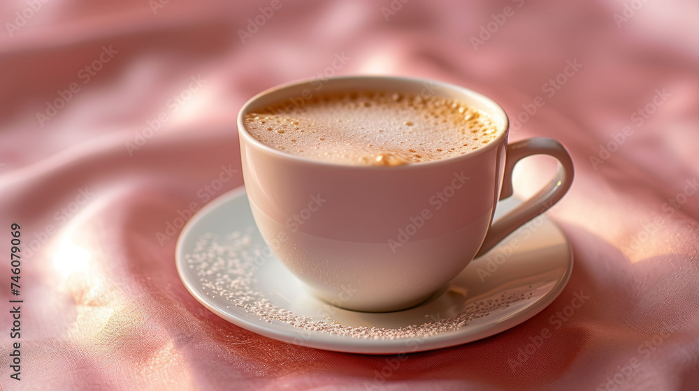 a close up of a cup of coffee on a saucer on a pink table cloth with a blurry background.