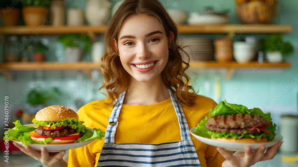 Cheerful woman presenting homemade burgers in a cozy kitchen setting. perfect for food blogs and culinary guides. friendly, casual, domestic. AI