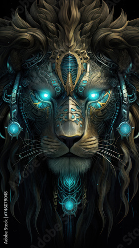 Head of a magical Lion on a dark background.